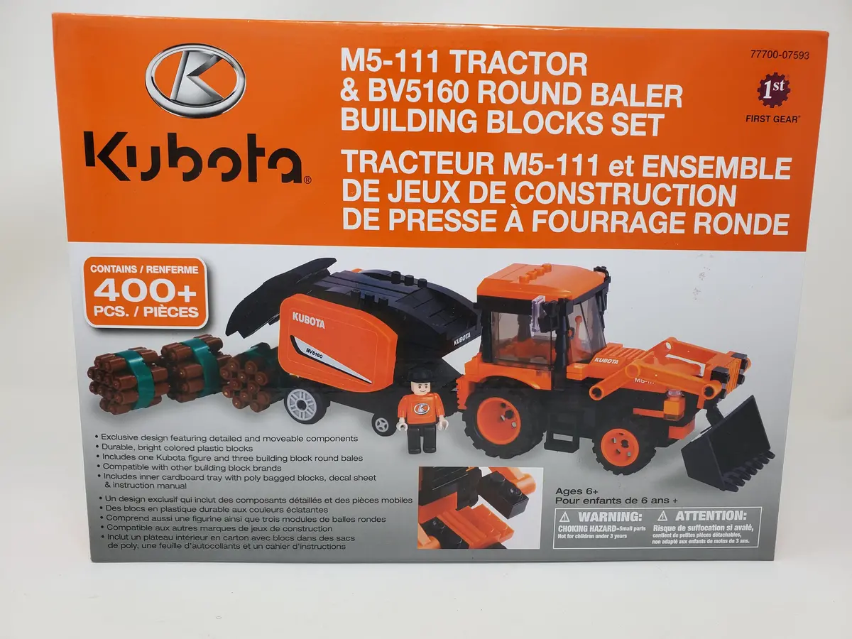 M5-111 Tractor & Bv5160 Baler With Three Building Block Round Bales Set 1