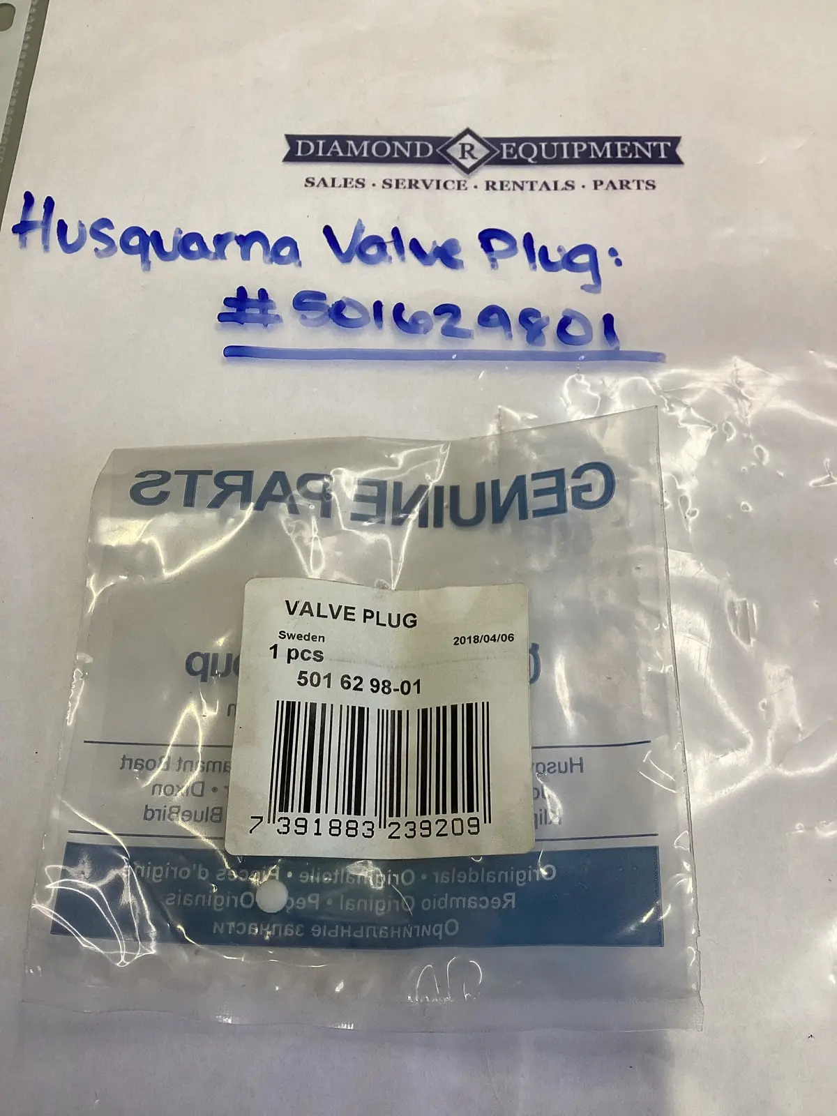 Husqvarna Valve Plug: #501629801 1