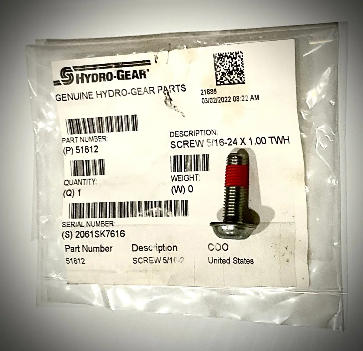Hydro Gear Screw 5/16, Hyg51812 1
