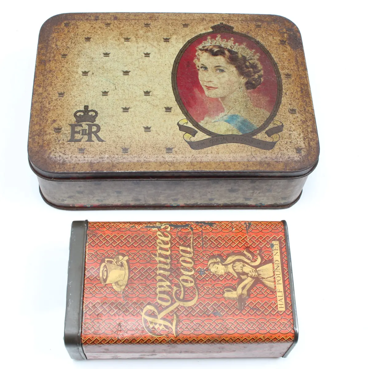 Old British Tins – Queen Er Ii Tin & Rowntrees Cocoa Tin 1