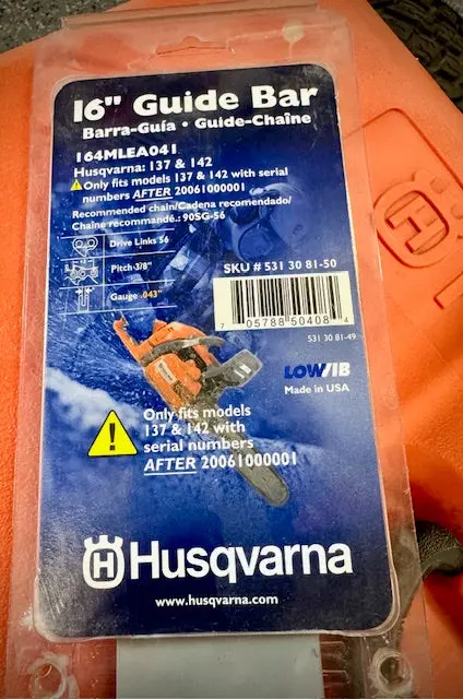 Husqvarna 16" Chainsaw Bar, 56Dl 3/8" .043, 531308150 1