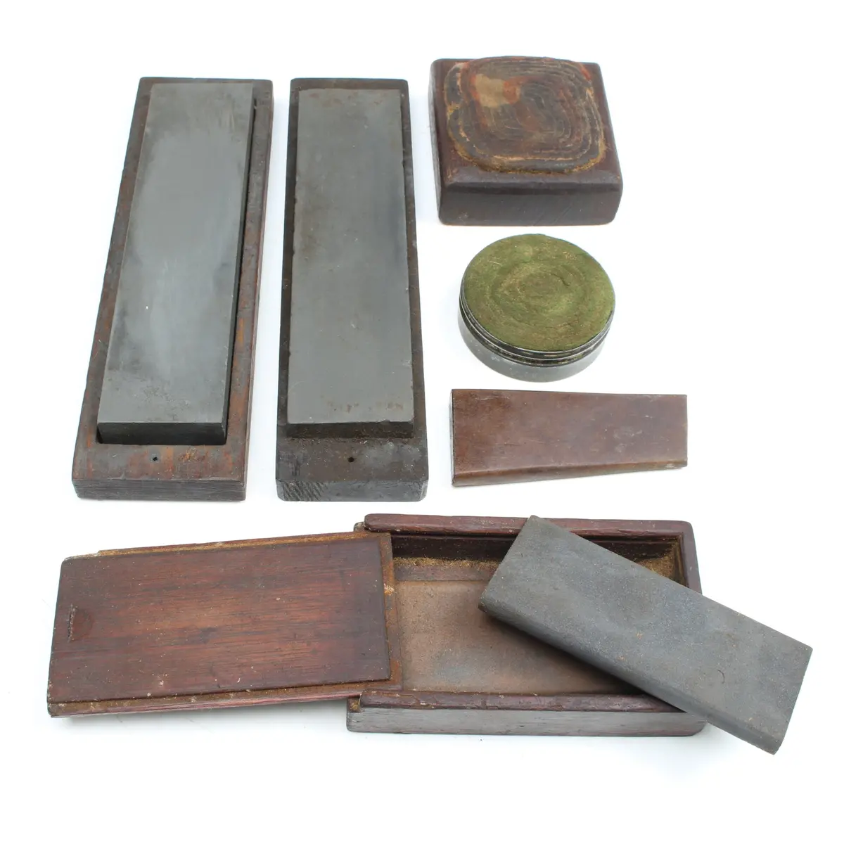 Old Boxed Oilstone Sharpening Stones And Workshop Oiling Pads 1