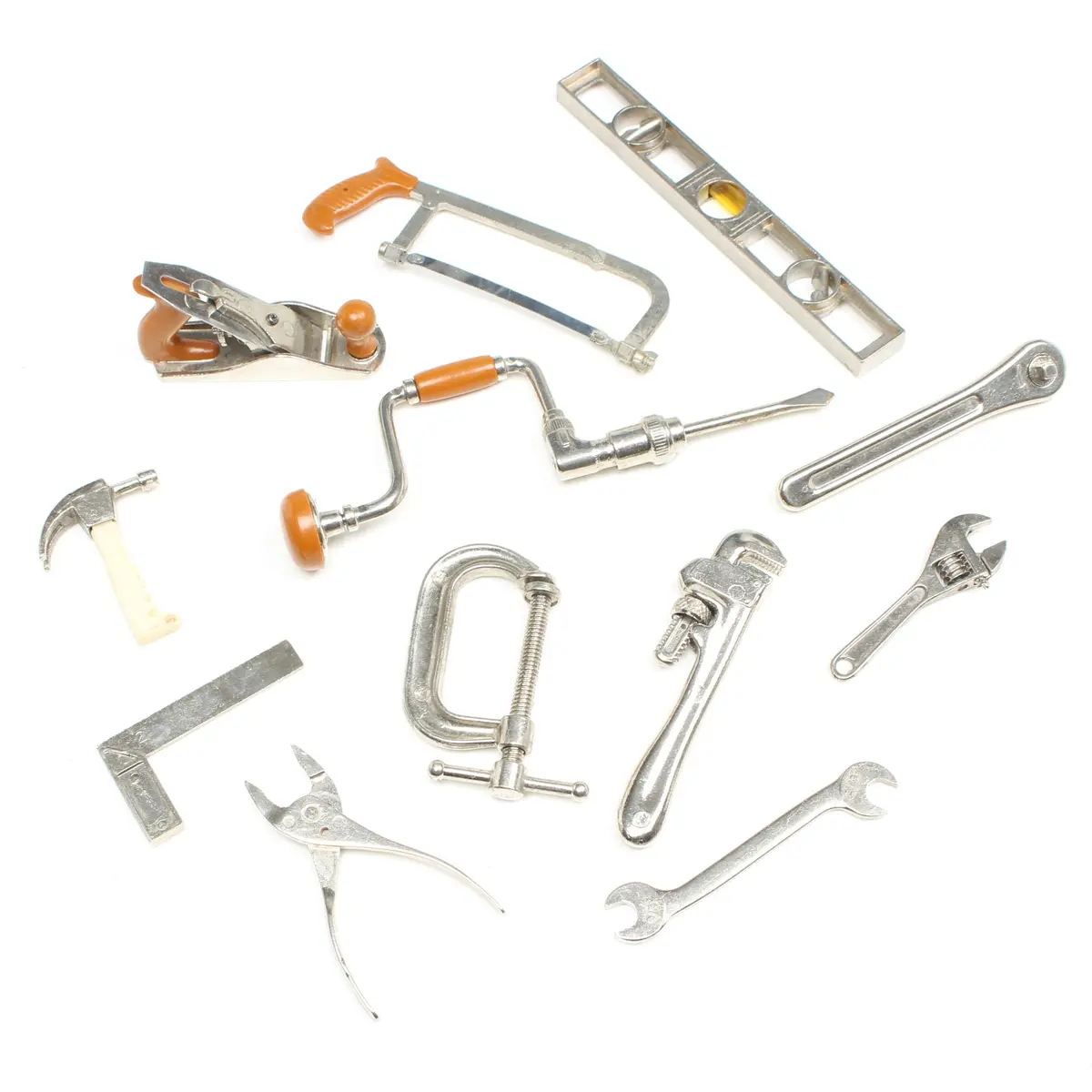 Collection Of Miniature Tools - Plane, Hammer, Level... 1