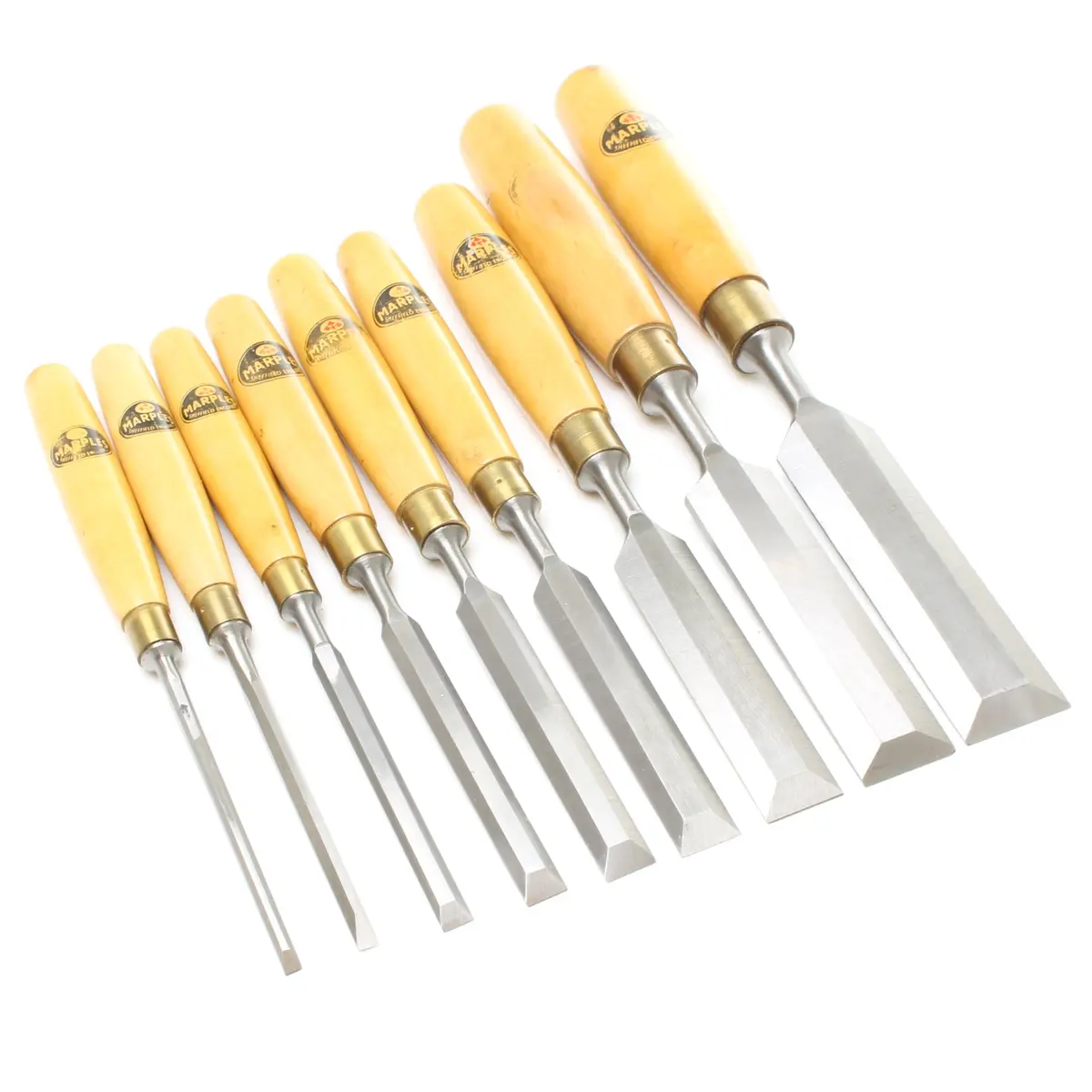 Sold - 9X Old Marples Bevel Edge Chisels Set (Boxwood) 1