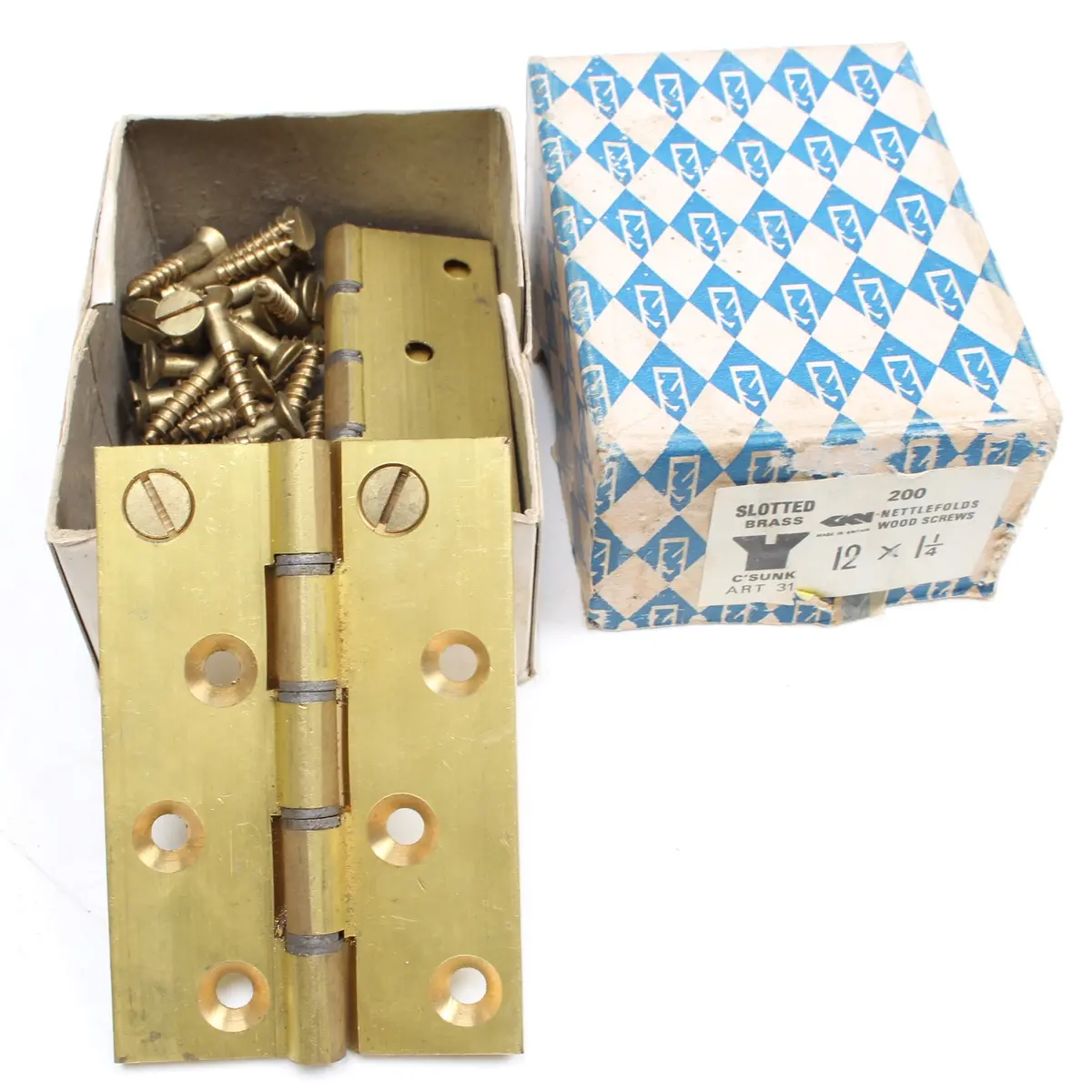 50X Nettlefolds Csk Brass Screws – 1 1/4” X 12 & 3X Washered 4" Butt Hinges 1