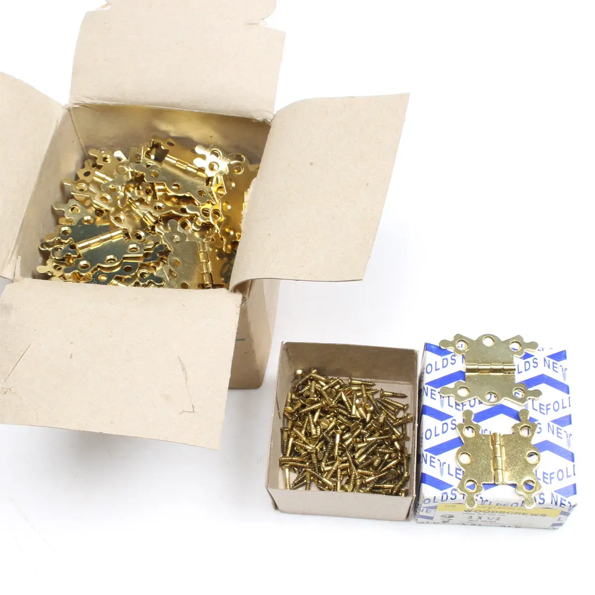 Box Of Fancy Hinges 1 5/8" & Box Of Nettlefolds Brass Csk Screws 1/2" X 3 1