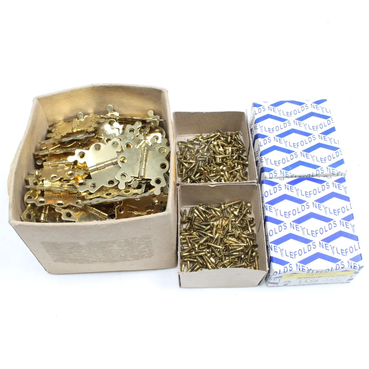Box Of Fancy Hinges 1 5/8" & Nettlefolds Brass Csk Screws 1/2" X 3 1