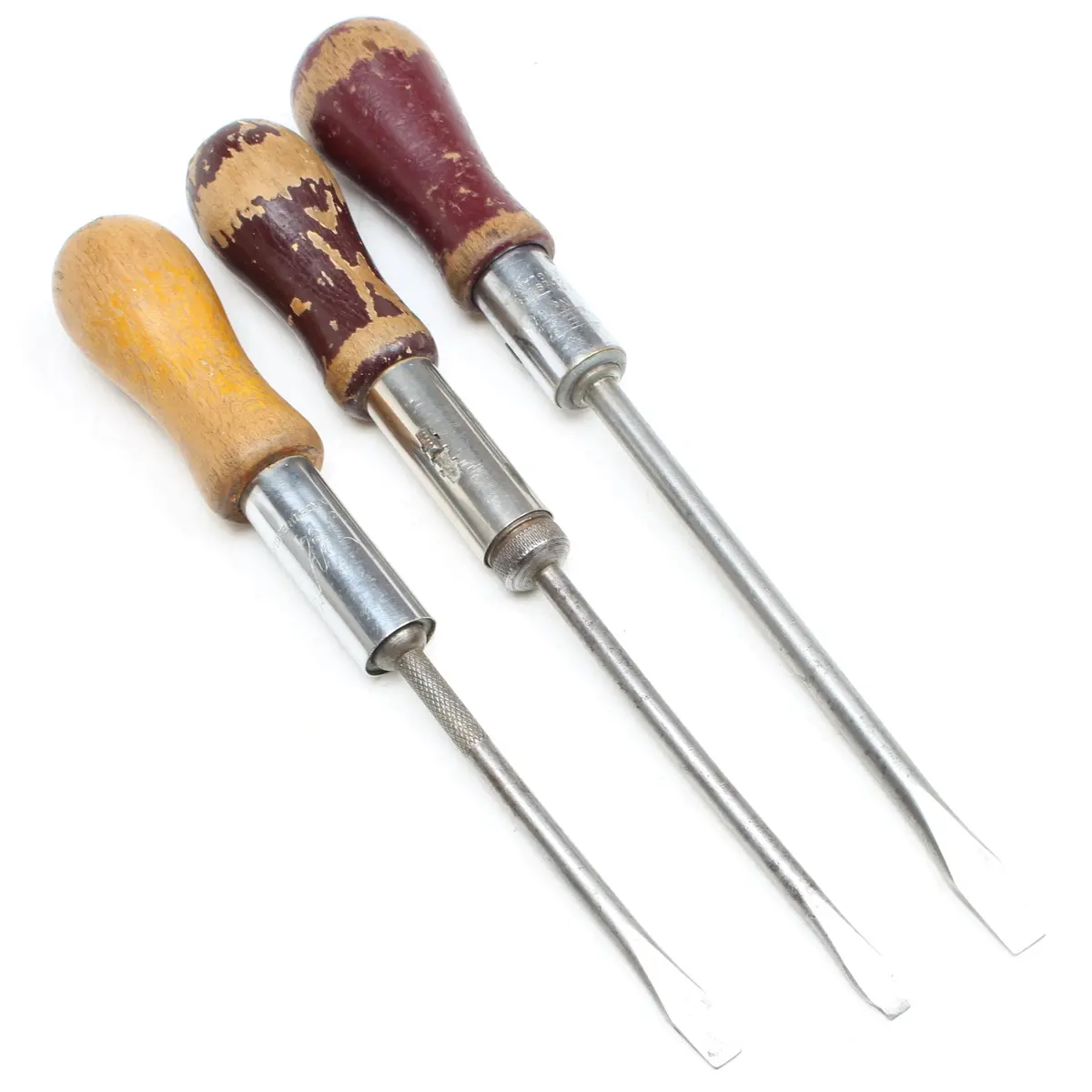 3X Old Wooden Handled Ratchet Screwdrivers (Beech) 1