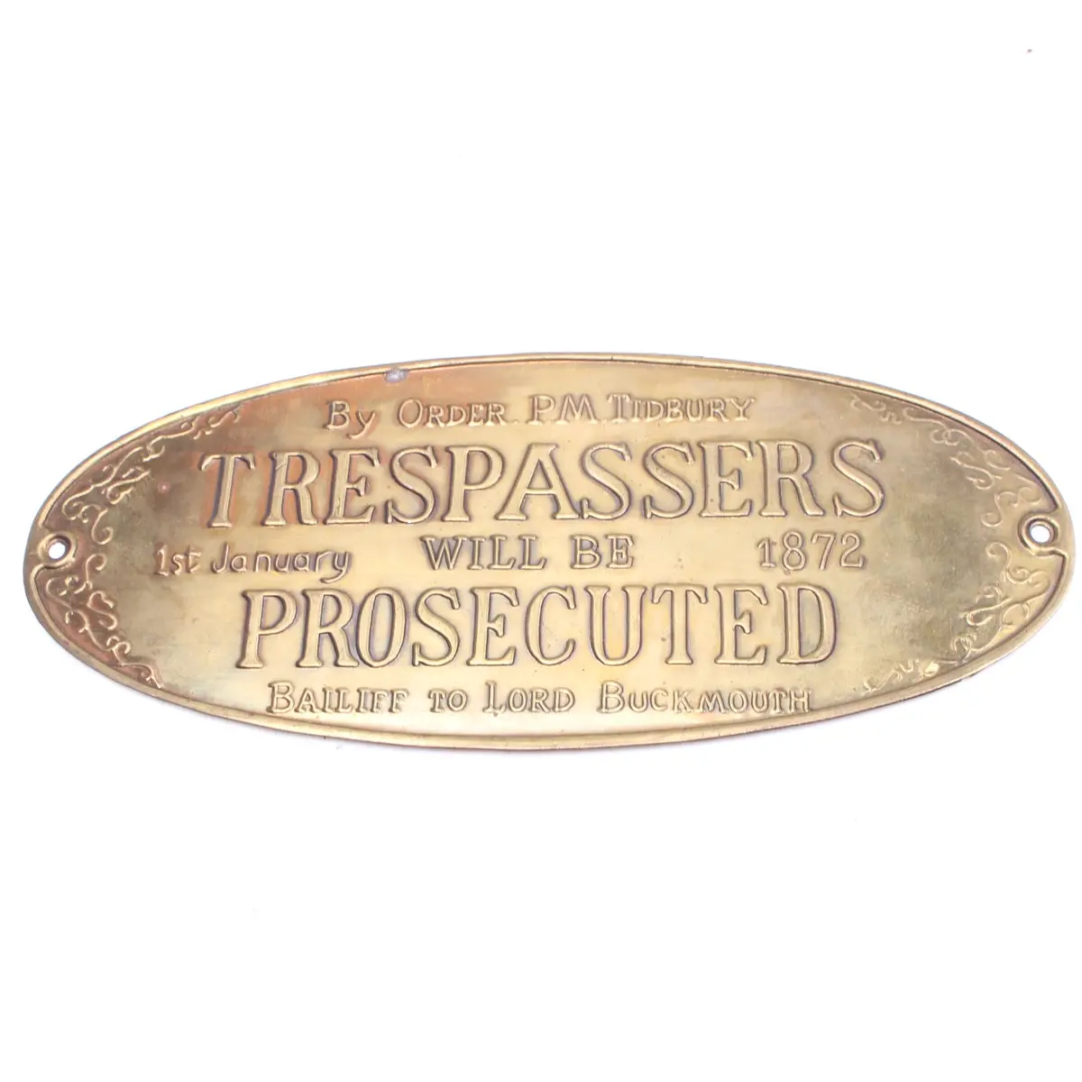 Vintage Brass Sign / Plaque - Trespassers Will Be Prosecuted 1