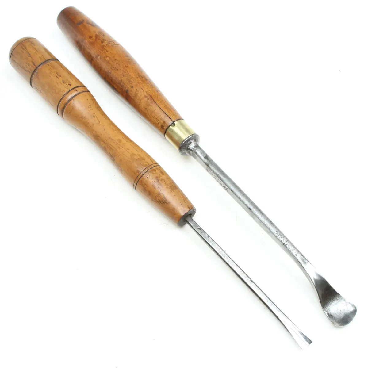 2X Old Carving Tools - Spoon, Fishtail - ", " (Fruitwood) 1