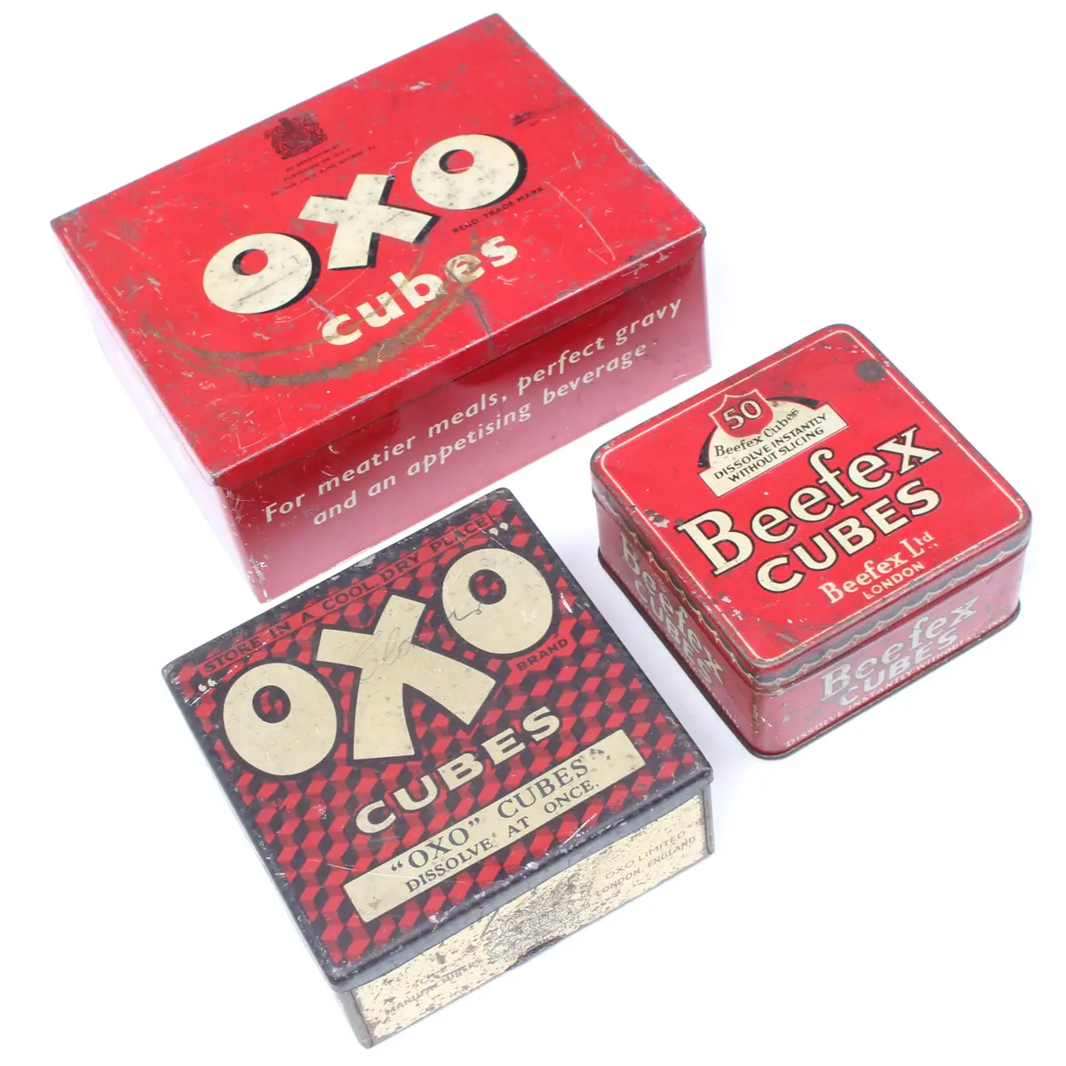 3X Old Oxo Tins / Beefex Cubes Tins 1