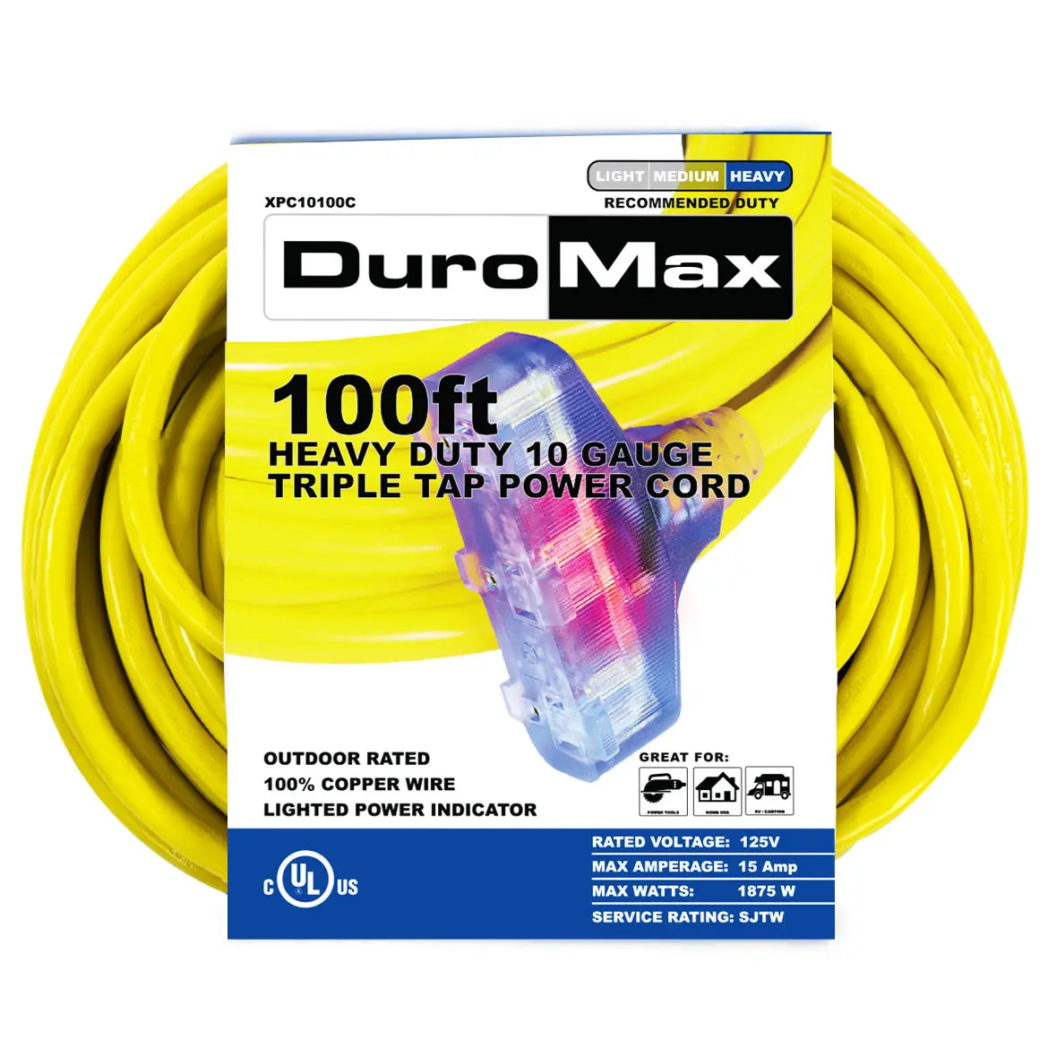 Duromax Xpc10100c 100-Foot 10 Gauge Triple Tap Extension Power Cord 1