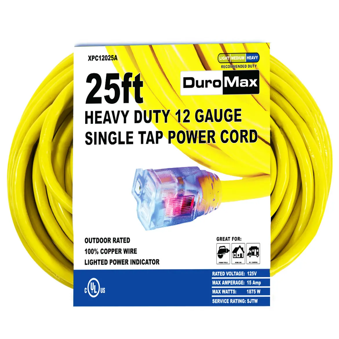 Duromax Xpc12025a 25 Foot 12 Gauge Single Tap Extension Power Cord 1
