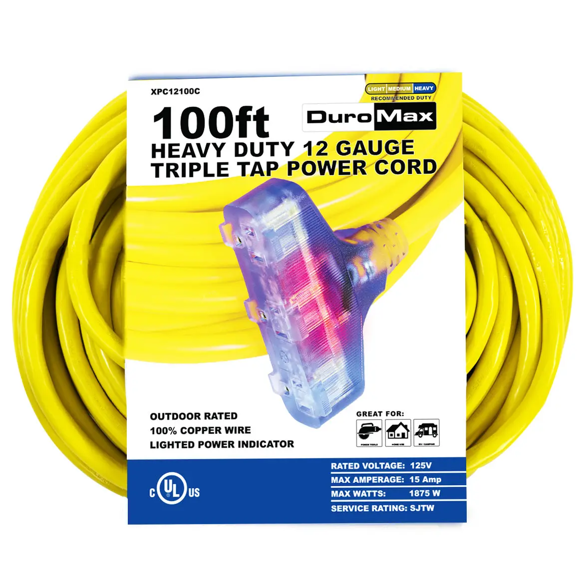 Duromax Xpc12100c 100-Foot 12 Gauge Triple Tap Extension Power Cord 1