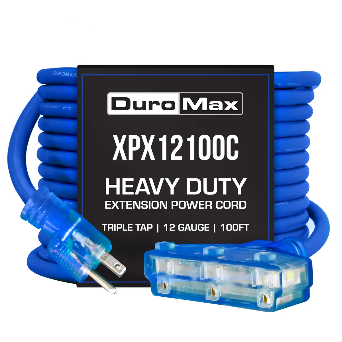 Duromax Xpx12100c Heavy Duty Sjeoow 100-Foot 12 Gauge Blue Triple Tap Extension Power Cord 1
